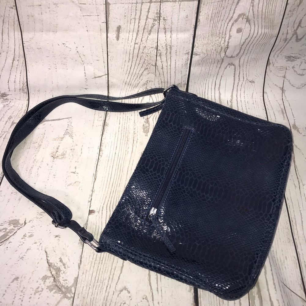 Buco embossed leather snake print blue purse bag